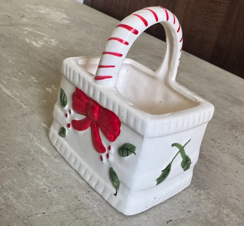 Vintage Frankel Holiday Christmas Ceramic Figurine Basket Holly Bow Candy Cane